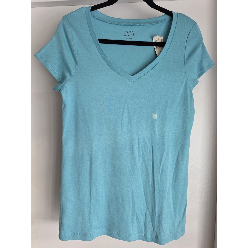 Ann Taylor LOFT T-Shirt Women L Blue V-Neck Short Sleeve Cotton Casual Top NWT